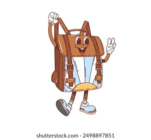 Cartoon retro groovy school bag character with funny face, vector funky backpack. Back to school education groovy character of school bag in 70s hippie retro cartoon art with happy freaky smile