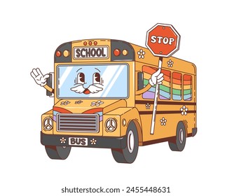 Cartoon retro groovy school bus character. Isolated vector funky yellow bus holding stop sign. Cheerful vehicle personage with mustached smiling face, playful flowers and rainbow transporting students