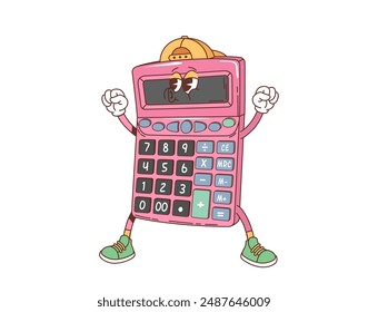 Cartoon retro groovy school calculator character with funky face, vector funny personage. 70s hippie or groovy retro cartoon calculator with happy smile for back to school and student education