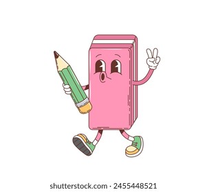 Cartoon retro groovy school eraser character. Isolated vector funny anthropomorphic pink rubber educational supply with friendly face walking and holding a pencil while making peace sign with one hand