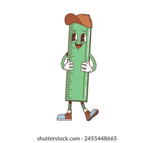 Cartoon retro groovy school ruler character. Isolated vector cheerful and funny stationery, measuring ruler tool with a smiling face. Joyful school personage, ready to measure and educate students