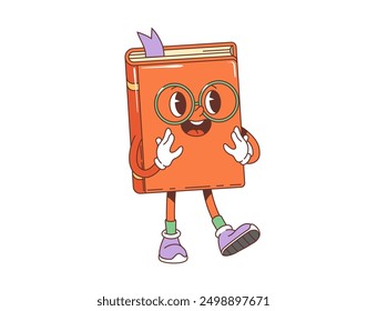 Cartoon retro groovy school textbook or book with funky face, vector funny character. Back to school and student education groovy character of book in teacher glasses with bookmark and happy smile