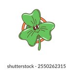 Cartoon retro groovy shamrock clover leaf for Saint Patrick Day holiday, vector character. Funny groovy green shamrock clover leaf with happy faces on badge or sticker for St Patrick Day holiday