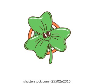 Cartoon retro groovy shamrock clover leaf for Saint Patrick Day holiday, vector character. Funny groovy green shamrock clover leaf with happy faces on badge or sticker for St Patrick Day holiday