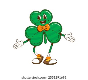 Cartoon Retro groovige Shamrock Kleeblatt Charakter für Saint Patrick Day Urlaub, Comic-Vektor. Lustige groovy Shamrock Kleeblatt mit glücklichem Gesicht und Bowtie für St Patrick Irish Urlaub Charakter