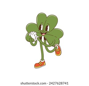 Cartoon retro groovy shamrock trefoil clover character. Isolated vector vibrant, holiday personage with mischievous smile, spreading joy and luck for Irish Patrick day celebration in a whimsical world