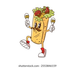 Cartoon retro groovy shawarma fast food character, vector comic emoji. Groovy shawarma or burrito with mustaches and maracas happy whistling, Mexican cuisine and fast food character with funny face