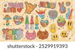 Cartoon retro groovy signs and symbols of vector flowers, smiling emojis, hearts and mushroom with rainbow pattern. Funky hippie peace signs, psychedelic liquid motion lamps, peace and love gestures