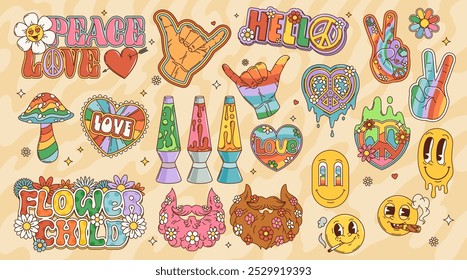 Cartoon sinais groovy retro e símbolos de flores vetoriais, emojis sorridentes, corações e cogumelos com padrão arco-íris. Sinais de paz hippie funky, lâmpadas de movimento líquido psicodélico, paz e gestos de amor