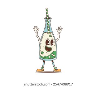 Cartoon Retro Groovy Smoothie-Charakter für Saint Patrick Day Urlaub, Vektorfigur. Lustiger grooviger Smoothie oder Saftgetränk mit Shamrock Kleeblatt in der 70er Jahre Hippie Art für St Patrick Day Urlaub