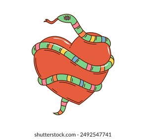 Caricatura retro groovy serpiente con corazón en arte hippie de los años 70 para el amor de San Valentín, ícono del Vector. Groovy corazón envuelto por divertido arco iris serpiente serpiente serpiente para hipster o hippie etiqueta o emoji para la camiseta de impresión