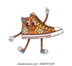 Cartoon retro groovy sneaker character. Isolated vector cheerful hippie y2k teenager shoe personage with funny pattern, funky vintage footwear boot with quirky face expression, symbol of youth culture