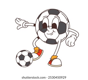 Caricatura retro groovy balón de fútbol personaje jugando fútbol, Vector divertido arte cómico Groovy retro caricatura de fútbol o balón de fútbol personaje con cara feliz jugando partido de deporte gol para emoji freaky