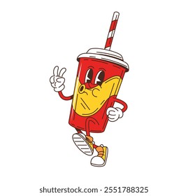 Caricatura retro groovy soda bebida de comida rápida personaje con sonrisa feliz, emoji de Vector. Groovy taza de refresco con cara divertida silbando y feliz caminando con signo de paz hippie para el personaje de dibujos animados de comida rápida