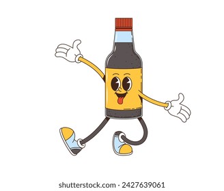 Cartoon retro groovy soy sauce bottle character. Isolated vector whimsical, smiling flask with big, expressive eyes, playful grin, and nimble limbs. Cute condiment for Asian restaurant cuisine menu