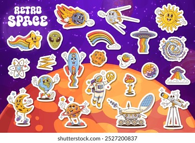 Paquete de pegatinas de personajes espaciales groovy retro de dibujos animados. Vector Sun, estrella con arco iris o cabeza alienígena. Cohete, meteoro, satélite y ovni, átomo o rayo. Tierra, luna, planeta con anillos o astronauta