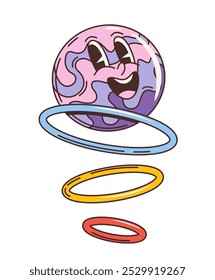 Cartoon retro groovy space planet with rings. Isolated vector whimsical, charming smiling purple planet character bouncing joyfully above a stack of colorful circles, playful hippie space personage