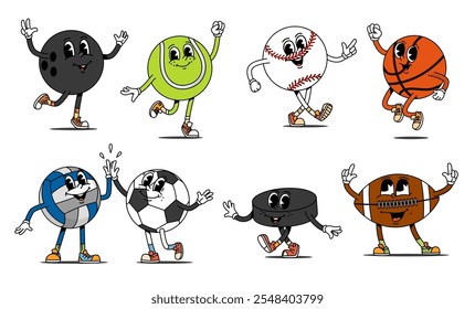 Personajes retro de dibujos animados de pelota deportiva. Vector baloncesto psicodélico, voleibol, tenis, fútbol o fútbol, béisbol, rugby, bolas de bolos y disco de hockey sobre hielo. Personajes de elementos deportivos de equipo Groovy