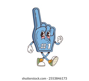 Cartoon retro groovy sport fan glove character. Vector foam finger personage with the number one fan status, dances energetically and has a fun, nostalgic 70s vibe, exuding excitement and team spirit