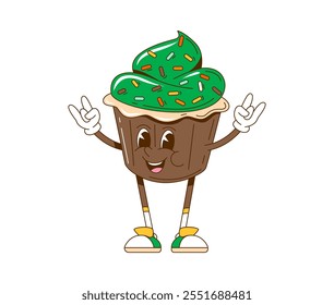 Caricatura retro groovy de la torta del día de San Patricio para la fiesta irlandesa, Vector cómico divertido. Cupcake estupendo del muffin de la historieta con la cara feliz sonriente y la crema dulce verde para el carácter del día de San Patricio