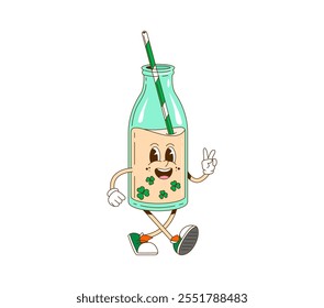 Caricatura retro groovy día de San Patricio burbuja personaje de té para vacaciones irlandesas, cara divertida de Vector. Botella de té de burbuja de dibujos animados Groovy con trébol de trébol y cara sonriente feliz para el personaje del día de San Patricio