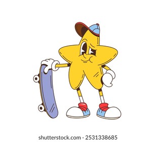 Cartoon retro groovy star character with skateboard. Isolated vector cheerful and confident anthropomorphic yellow twinkle star, cool and laid-back teenager personage wearing baseball cap and sneakers