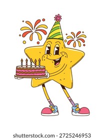 Cartoon retro groovy estrela vetor personagem em festa chapéu segurando bolo de aniversário com velas. Personagem de férias retro hippie y2k twinkle com fogos de artifício, humor divertido de celebração, felicidade e charme vintage