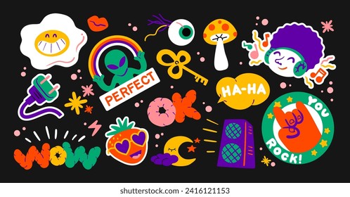 Cartoon retro groovy stickers, big set  funky doodle style of the 90s. Trendy patches, labels, characters, space, hippie objects. Vector set