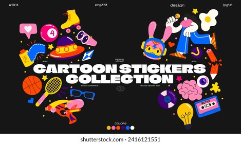 Cartoon retro groovy stickers, big set  funky doodle style of the 90s. Trendy patches, labels, characters, space, hippie objects. Vector set