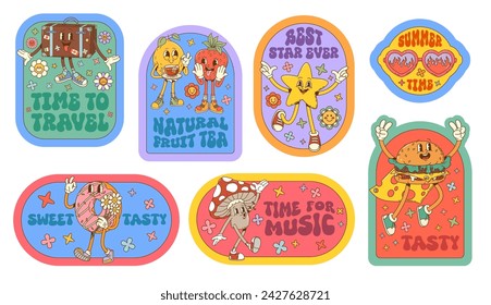 Cartoon retro groovy stickers with funny characters. Vector patches set with comic suitcase, lemon and strawberry, star, burger and donut, amanita mushroom and sunglasses, funky trippy personages