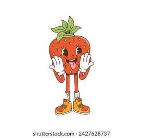 Cartoon retro groovy strawberry character showing tongue. Isolated vector berry comic naughty personage teasing, cute and funny fruit wearing gloves and boots fooling, express positive emotions