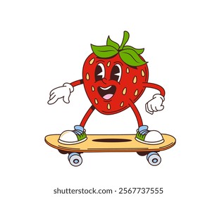 Cartoon retro groovy strawberry character on skateboard. Farm fresh summer berry dessert happy personage, ripe fruit or juicy strawberry vintage groovy isolated vector cheerful skating character