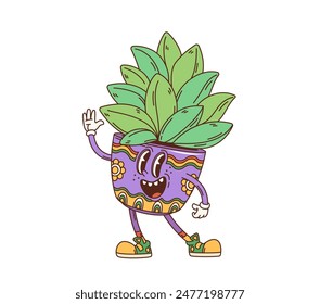 Cartoon retro groovy succulent flower character waving hello. Happy smiling succulent indoor plant vector personage in flower pot with funky floral pattern. Vintage houseplant with cheerful smile