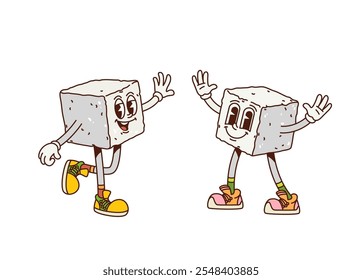 Personajes de dibujos animados retro groovy sugar cube con caras sonrientes, ojos expresivos y zapatillas de deporte. Diversión de Vector aislada y piezas cúbicas de edulcorante animado personajes, postre o caramelos en poses dinámicas y juguetonas