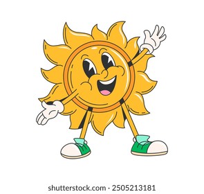 Cartoon Retro groovigen Sonne Charakter. Vintage Hippie Vektor Persönlichkeit von fröhlichem Sommer Sonnenschein mit fröhlichem Lächeln und offenen Armen bietet Umarmungen. Lustige groovige gelbe Sonne Emoji, warmes sonniges Wetter Emoticon