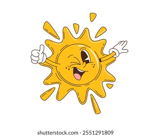 Cartoon retro groovy sun character with thumb up and funny face, vector emoji. Groovy sun with happy smile and silly winking, funky sunny emoticon character with happiness emotion and thumb up