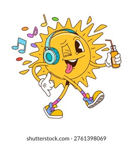 Cartoon retro groovy sun vector character listening to music in vintage headphones and sneakers. Summer sun personage exudes y2k vibe with a bottle of soda drink and cheerful festive beach fun mood