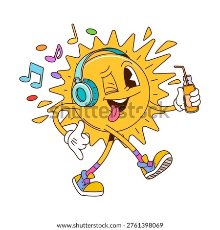 Cartoon retro groovy sun vector character listening to music in vintage headphones and sneakers. Summer sun personage exudes y2k vibe with a bottle of soda drink and cheerful festive beach fun mood