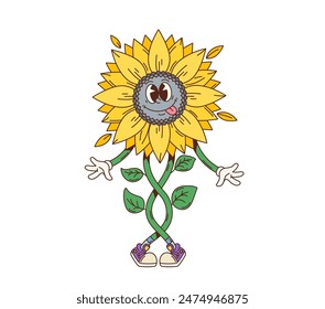 Cartoon retro groovy sunflower character, vintage smiling flower vector personage. Psychedelic comic yellow sunflower dancing with crazy face. Funky hippie summer plant emoji, cute floral emoticon