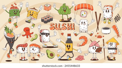 Caricatura retro sushi y rollo de moda personajes, cocina japonesa. Vector personajes hippies psicodélicos, con coloridas bandanas y sombreros asiáticos. Wasabi, jengibre, salsa de soja, sashimi en un ambiente fresco de los años 70