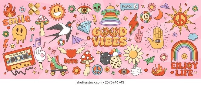 Cartoon retro groovy symbols vector set. Fire melt face, amanita mushroom and sun, swallow bird or patch. Tape, ufo and alien, roller skate, diamond and rainbow. Gamble dices, peace sign, daisy flower