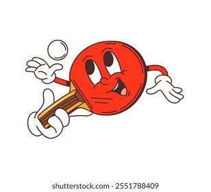 Cartoon retro groovy table tennis racket and ball character with arms and smiling face, showing a playful expression. Isolated vector ping pong paddle personage is in the middle of a table tennis game