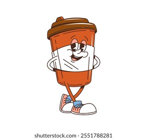 Caricatura retro groovy taza de café para llevar personaje, Vector de comida rápida bebida emoji. Groovy café en taza de papel con tapa, cara feliz y sonrisa divertida para la bebida de comida rápida como personaje de dibujos animados funky