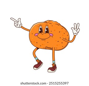 Caricatura retro groovy personaje de la fruta de la mandarina con zapatillas de deporte, exuda ambiente retro funky con una gran sonrisa descarada. Vector aislado maduro y alegre naranja tropical o mandarina cítrica personage