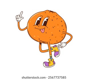 Cartoon retro groovy tangerine fruit character in sneakers, exudes retro funky vibe with a cheeky smile. Isolated vector ripe and cheerful tropical orange or mandarin citrus fruit personage pointing