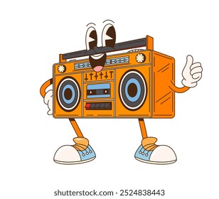 Cartoon retro groovy tape recorder character featuring classic design with buttons, dials, and speakers. Isolated vector vintage boombox personage in sneakers and gloves, smiles and flashing thumbs-up