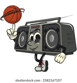 Cartoon retro groovy tape recorder boombox character spin the basketball with the index finger, isolated vector vintage, work of hand drawn