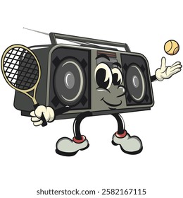 Cartoon retro groovy tape recorder boombox character playing tennis, isolated vector vintage, work of hand drawn