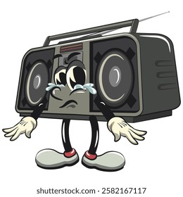 Cartoon retro groovy tape recorder boombox character, isolated vector vintage crying and sad, work of hand drawn