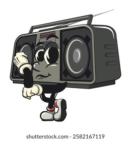 Cartoon retro groovy tape recorder boombox character sad, isolated vector vintage, work of hand drawn